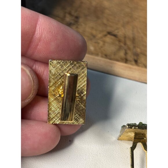 Vintage Gold-Tone Cufflinks With Textured Green Stone Inlay Rectangular Design - Picture 4 of 6